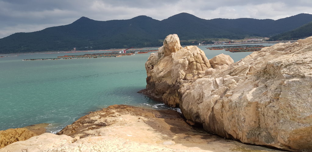 Sea, cliff and seaweed farms at Song Si-yeol rock on Bogildo Island in South Korea