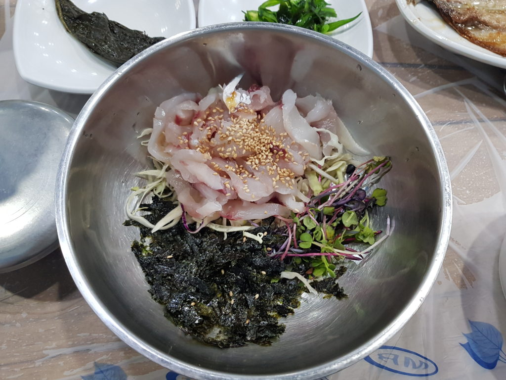 Seafood bibimbap at a restaurant in Tongyeong harbor, South Korea