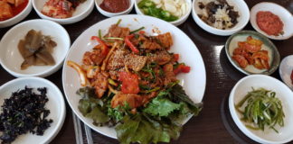 Korean food: Spicy Stir-Fried Pork with side dishes