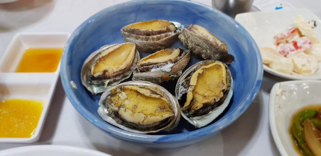 Korean food: Abalone at a Korean restaurant in Wando