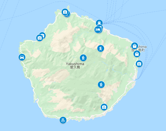 Google map of Yakushima Island with activities marked