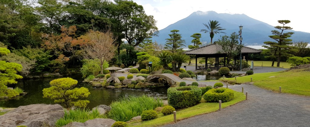 Traditional Japanese garden at Sengan-en Garden in Kagoshima on Kyushu Island in Japan