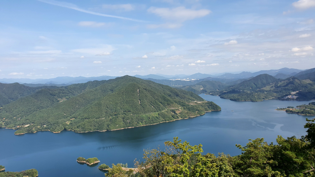 View of Jecheon Lake from the observation deck of Cheongpung Lake Cable Car in Jecheon, South Korea