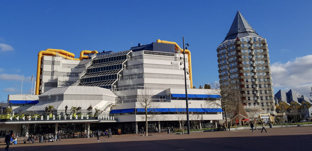 Central Library and Blaak Tower in Rotterdam, the Netherlands