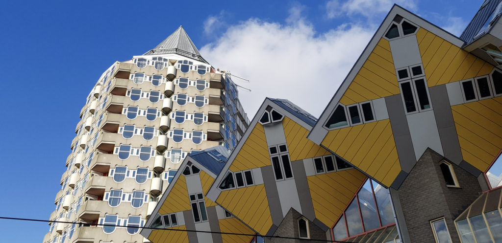 Cube houses and Blaak Tower in Rotterdam, the Netherlands