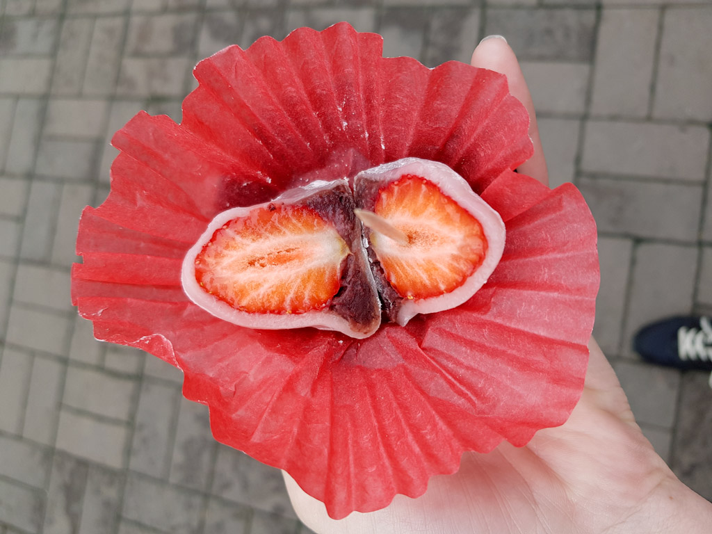 Korean street food: strawberry mochi